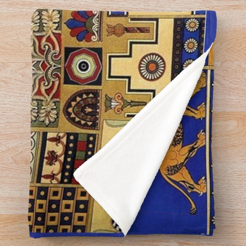 Ancient Assyrian art inspired plush blanket with intricate patterns and cultural designs