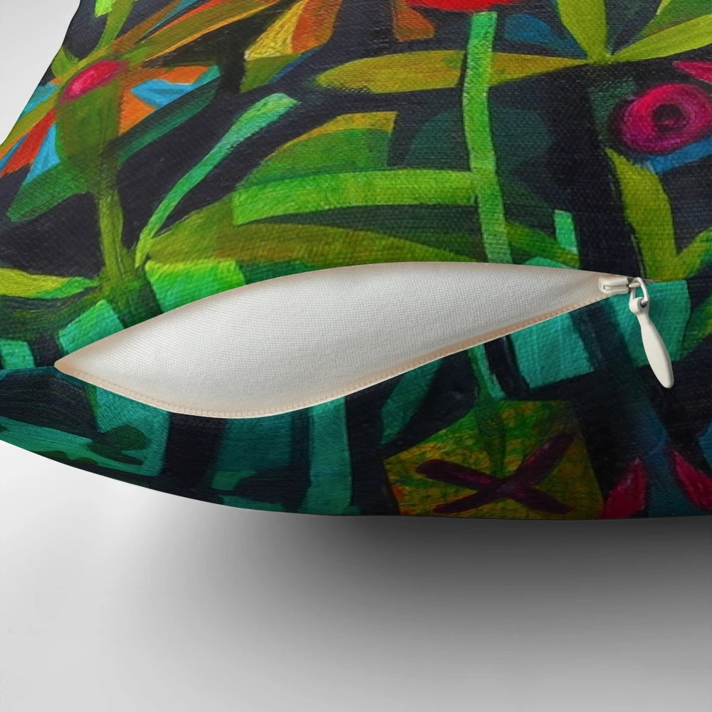 Colorful and bold Felix cat-shaped pillow with flowers and greenery