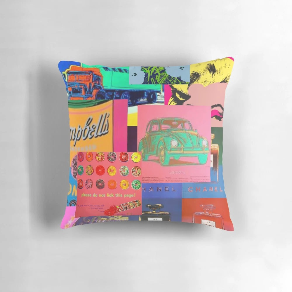Colorful and trendy pop art style pillow inspired by the iconic artwork of Andy Warhol
