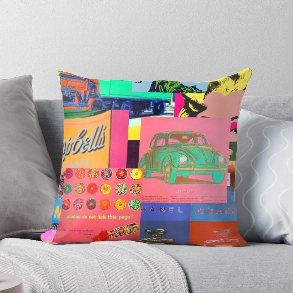 Colorful and trendy pop art style pillow inspired by the iconic artwork of Andy Warhol