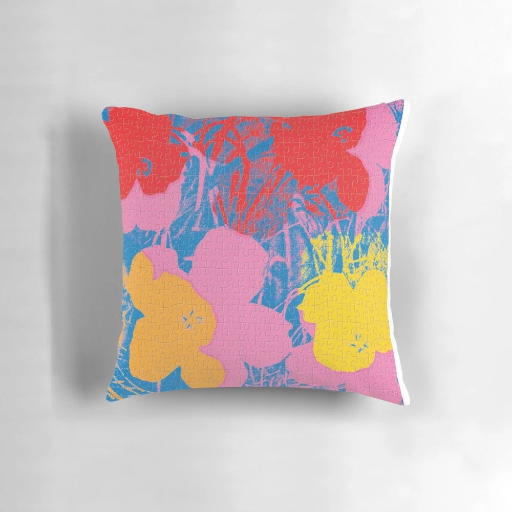 Colorful modern throw pillow featuring an Andy Warhol-inspired pop art design