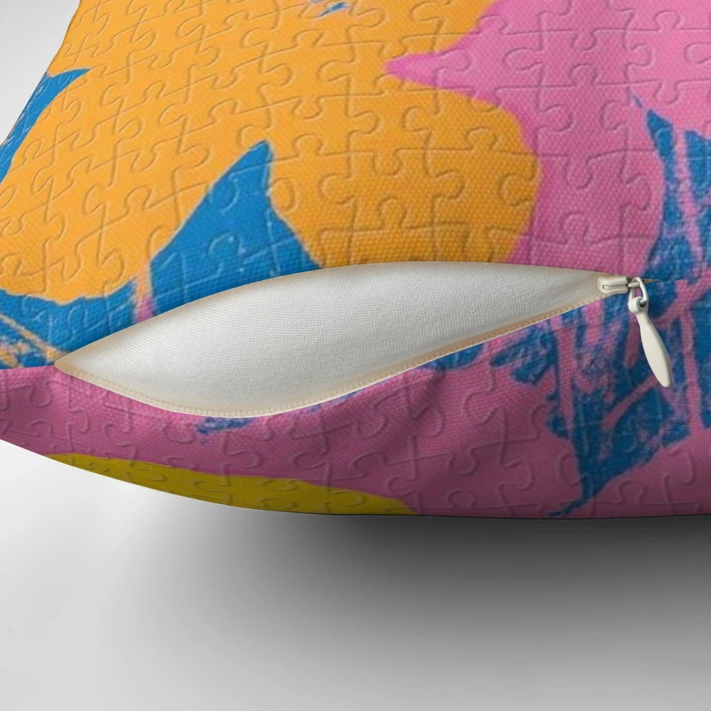 Colorful modern throw pillow featuring an Andy Warhol-inspired pop art design