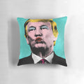 Colorful pop art pillow featuring a photoshopped portrait of Donald Trump in the style of Andy Warhol's iconic artwork.