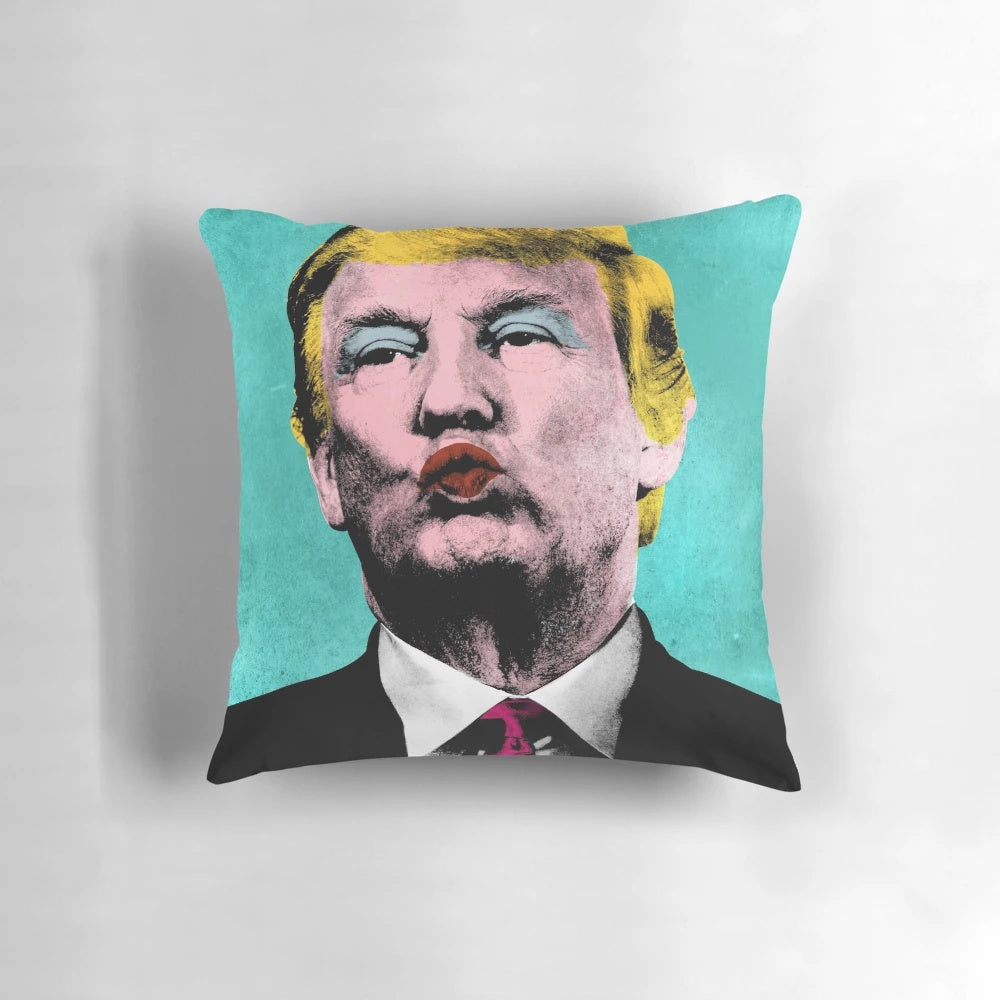 Colorful pop art pillow featuring a photoshopped portrait of Donald Trump in the style of Andy Warhol's iconic artwork.