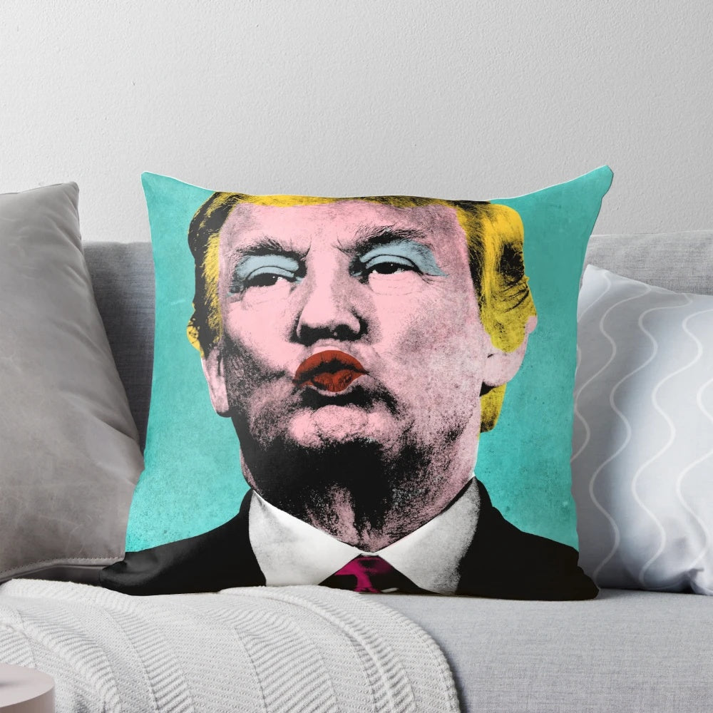 Colorful pop art pillow featuring a photoshopped portrait of Donald Trump in the style of Andy Warhol's iconic artwork.