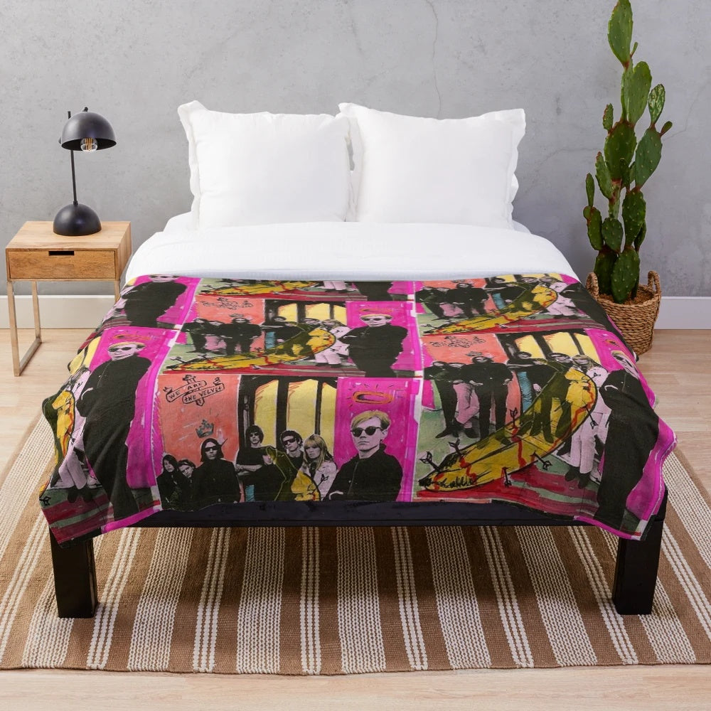 Andy Warhol inspired Velvet Underground plush blanket with iconic banana artwork