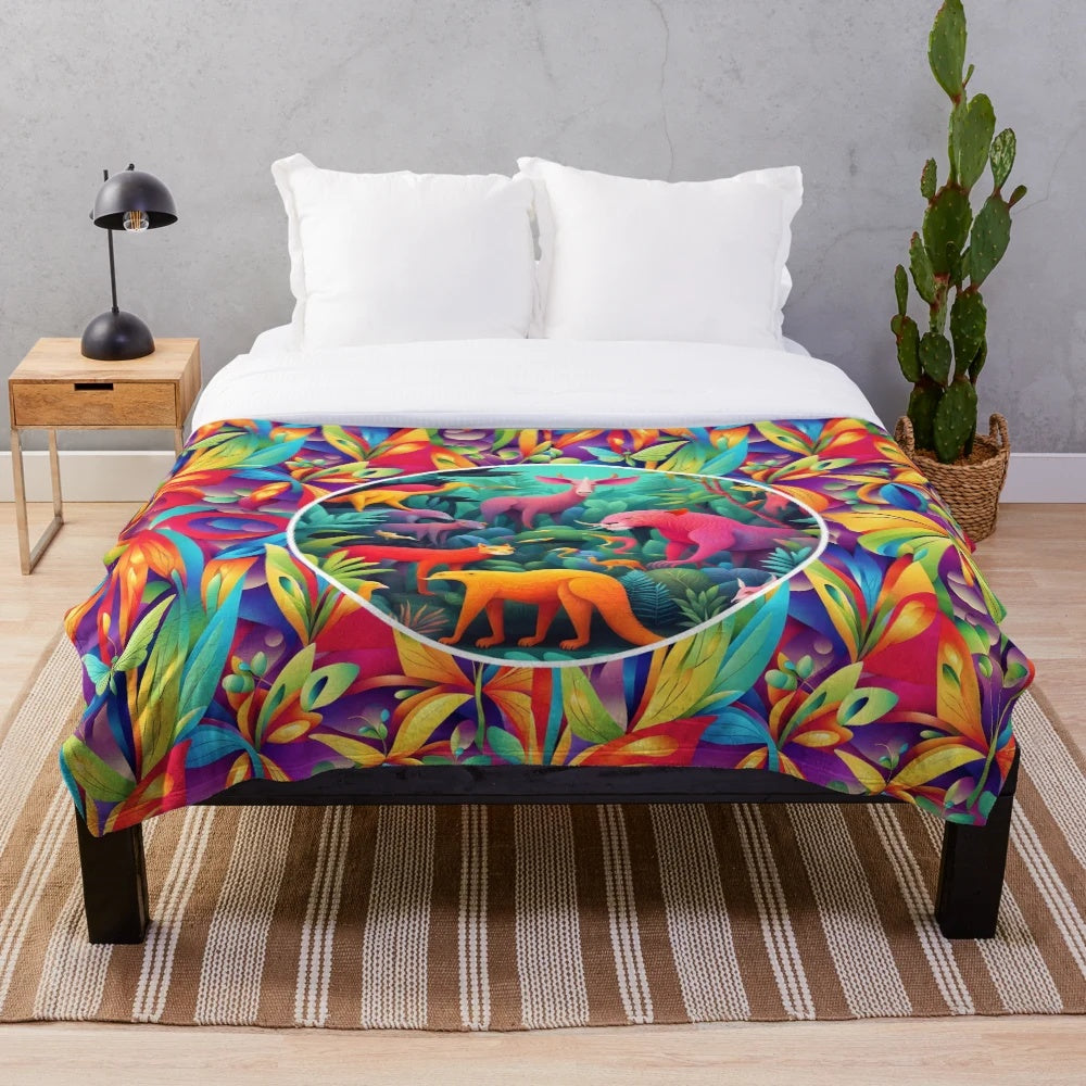 Colorful plush blanket with jungle animal patterns