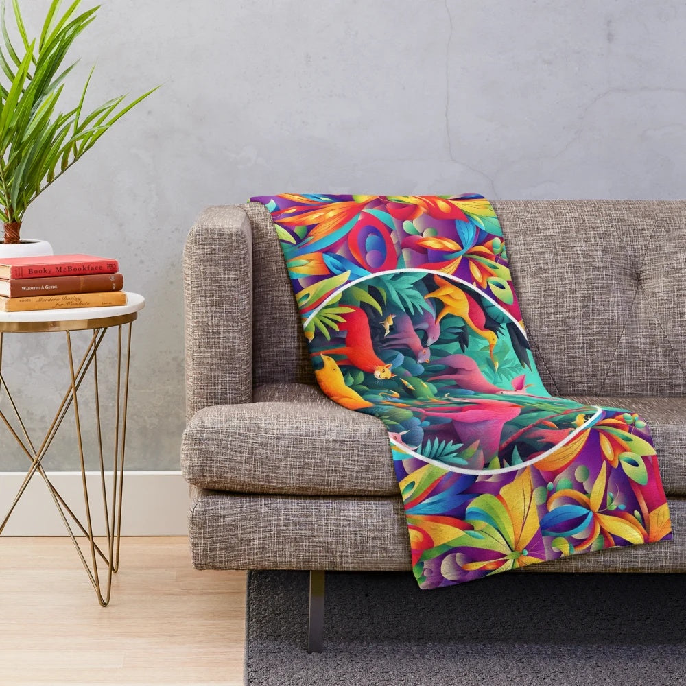 Colorful plush blanket with jungle animal patterns