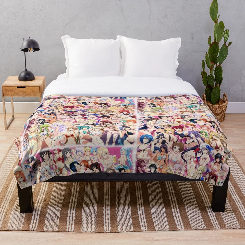 Colorful anime-inspired plush blanket featuring stylized girls in summer swimwear