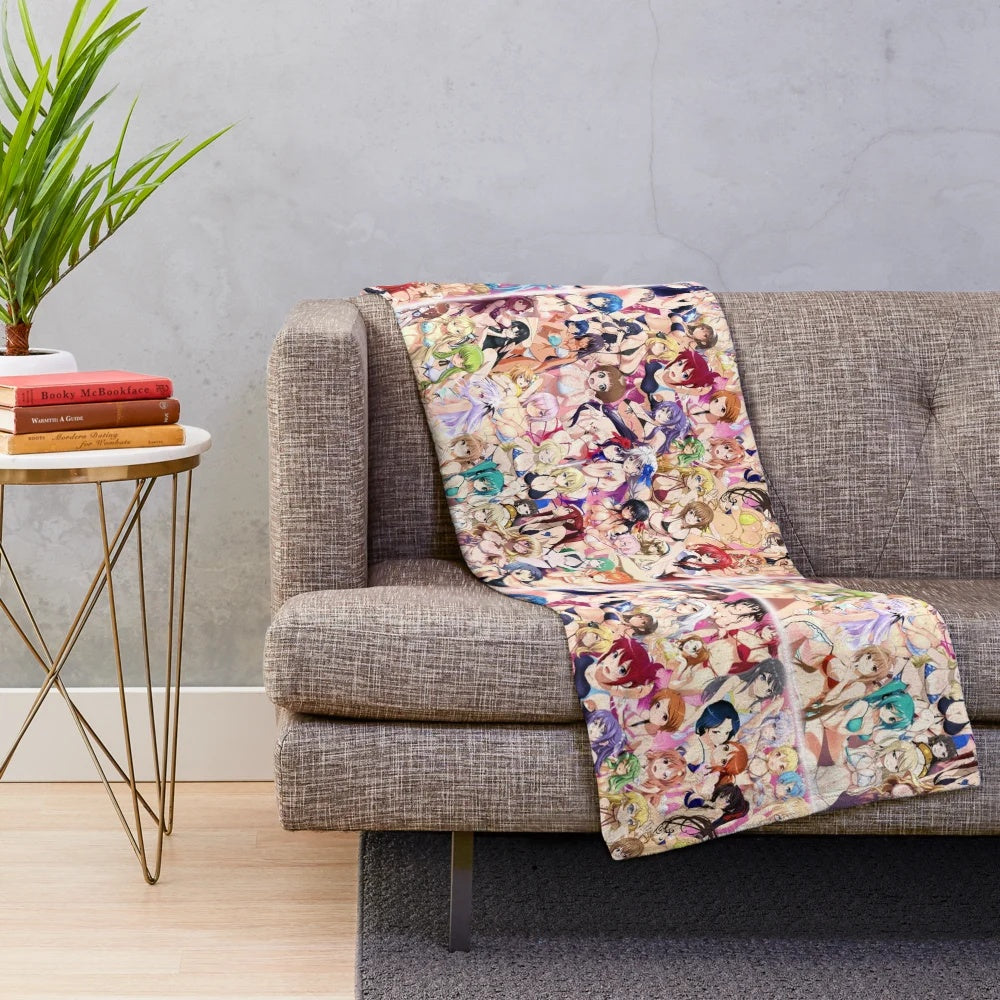 Colorful anime-inspired plush blanket featuring stylized girls in summer swimwear