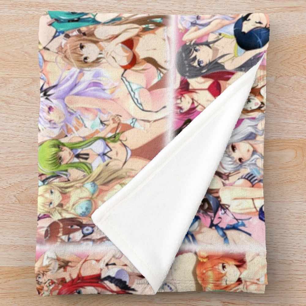 Colorful anime-inspired plush blanket featuring stylized girls in summer swimwear