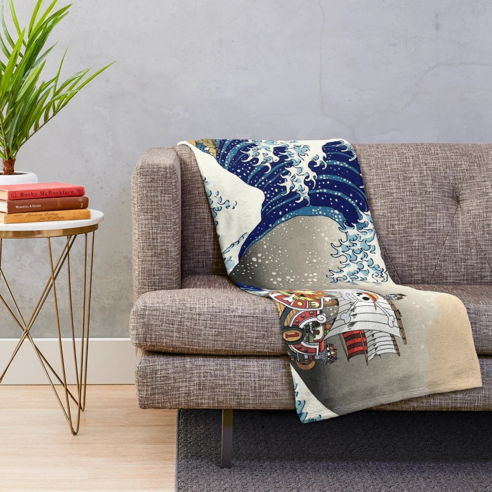 Plush blanket featuring the iconic "Great Wave off Kanagawa" Japanese artwork