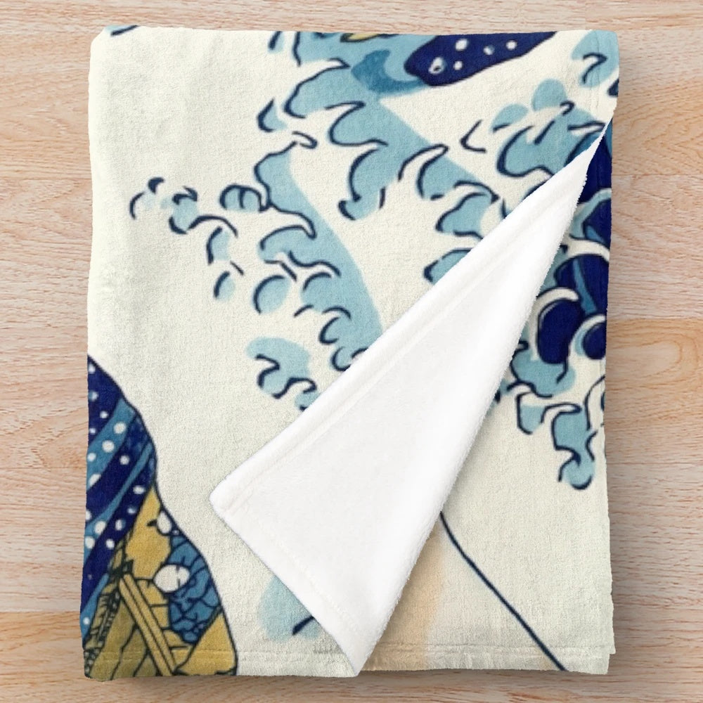 Plush blanket featuring the iconic "Great Wave off Kanagawa" Japanese artwork
