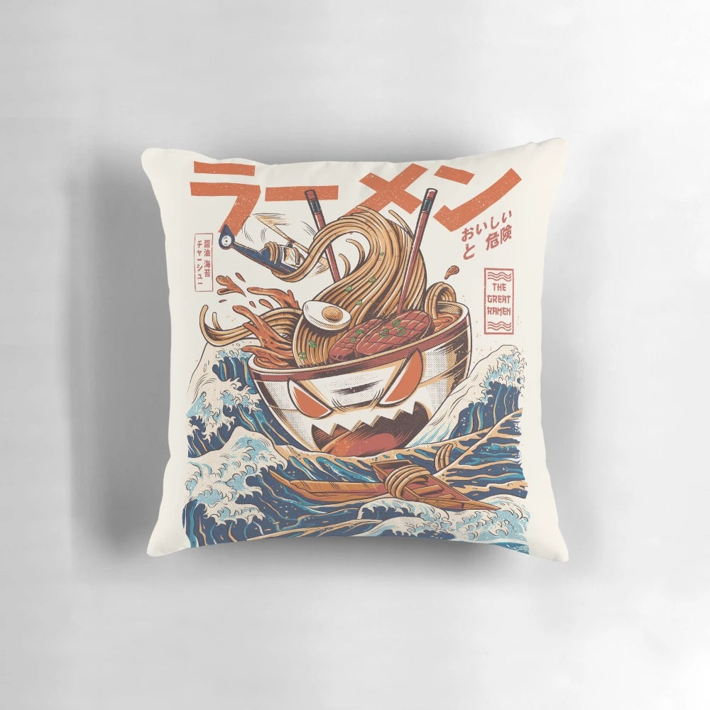Vibrant anime-style pillow featuring a ramen bowl with a monstrous creature emerging from the waves.
