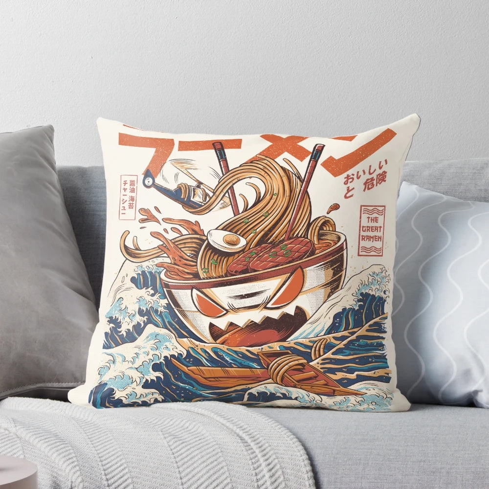 Vibrant anime-style pillow featuring a ramen bowl with a monstrous creature emerging from the waves.