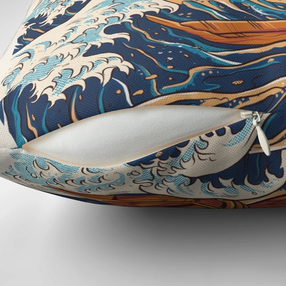 Vibrant anime-style pillow featuring a ramen bowl with a monstrous creature emerging from the waves.