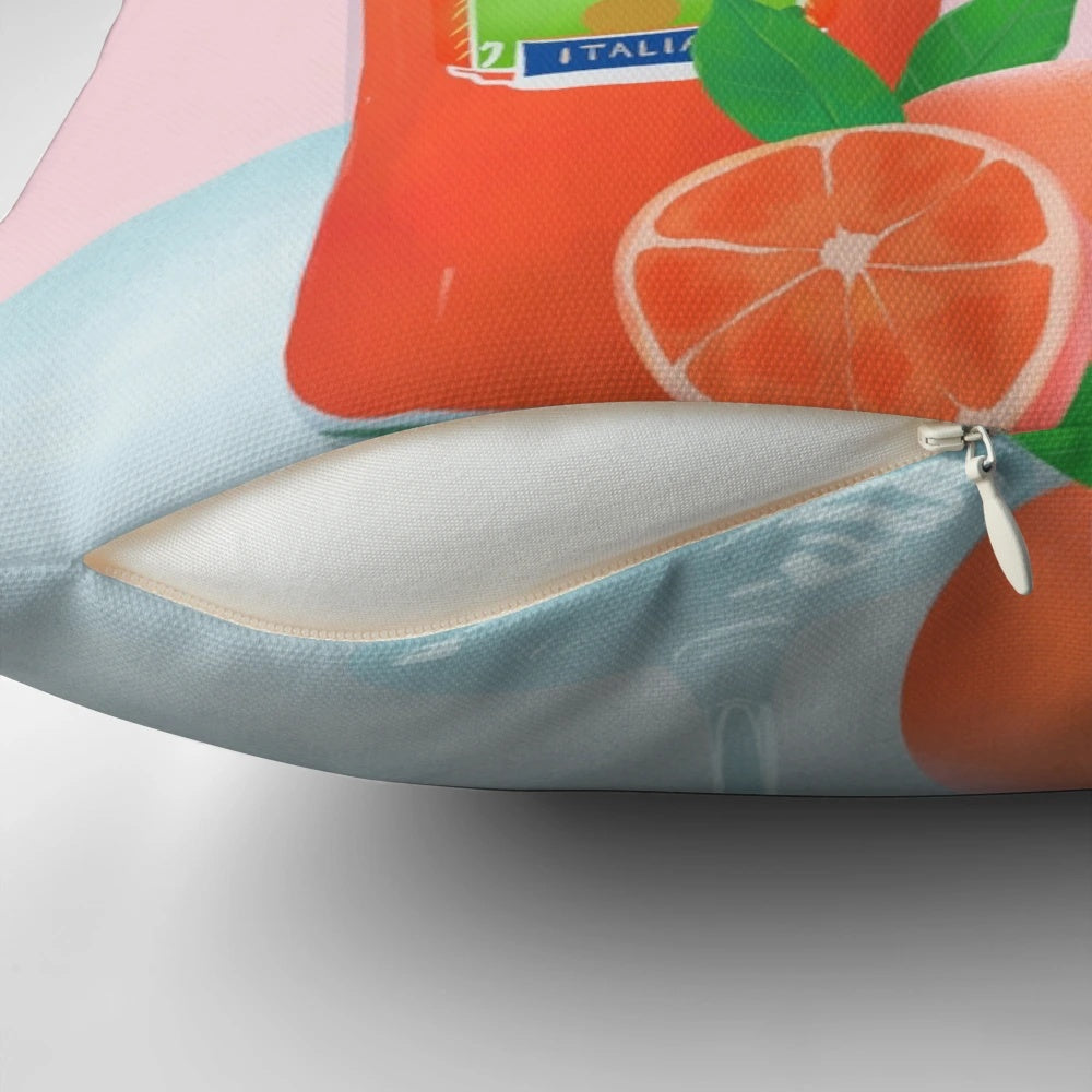 Colorful throw pillow with a playful Aperol Spritz cocktail design