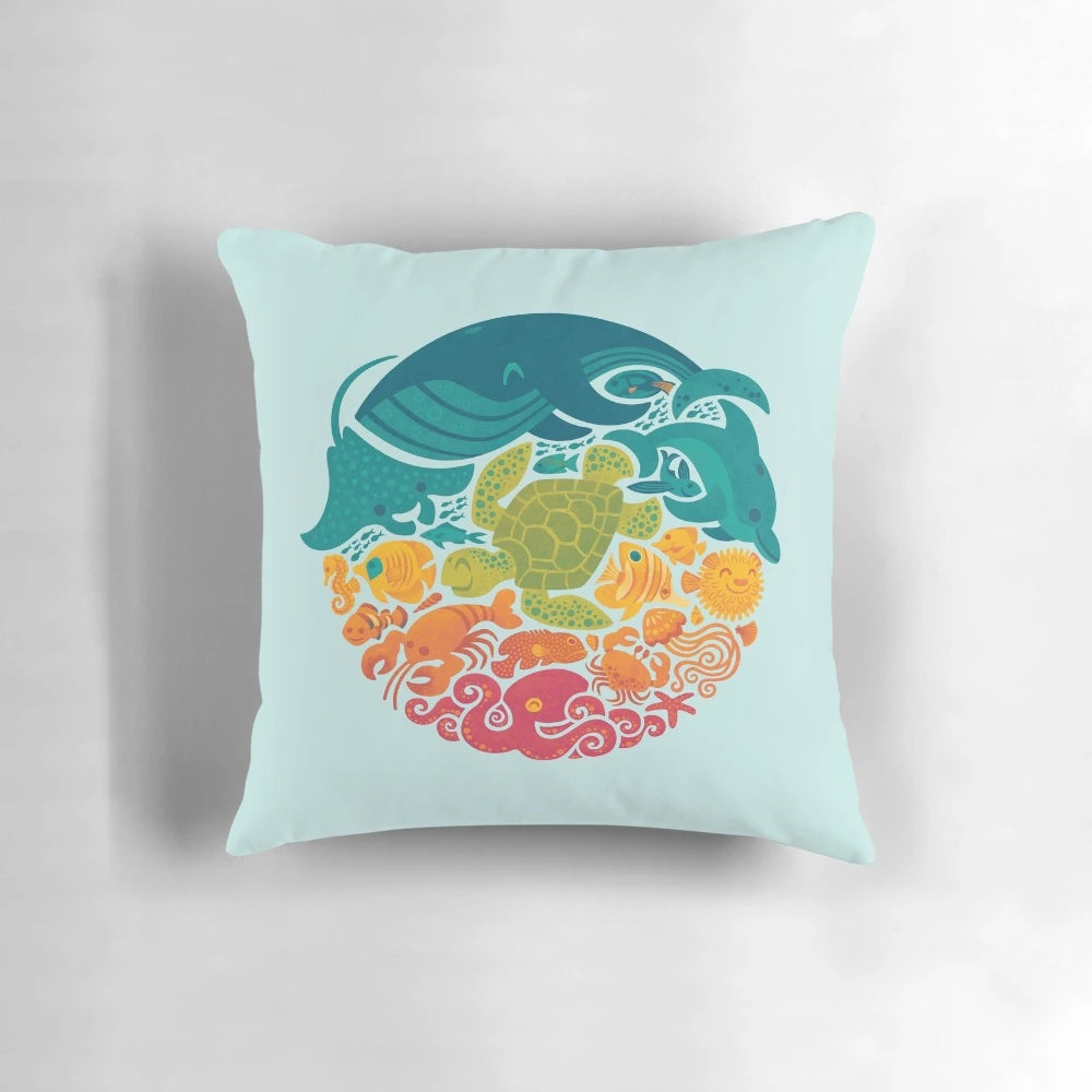 Colorful Aquatic Rainbow Throw Pillow featuring various sea creatures like whales, octopus, and fish