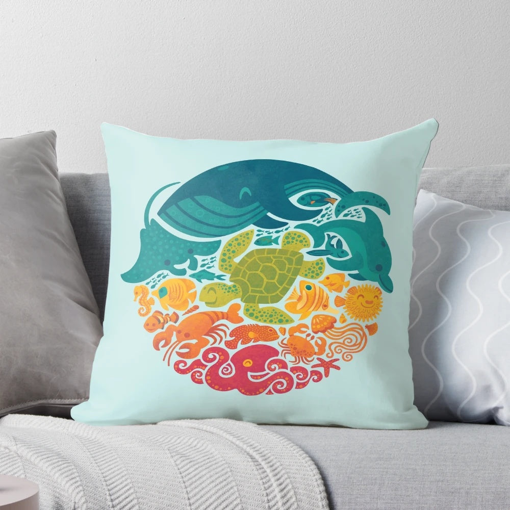 Colorful Aquatic Rainbow Throw Pillow featuring various sea creatures like whales, octopus, and fish