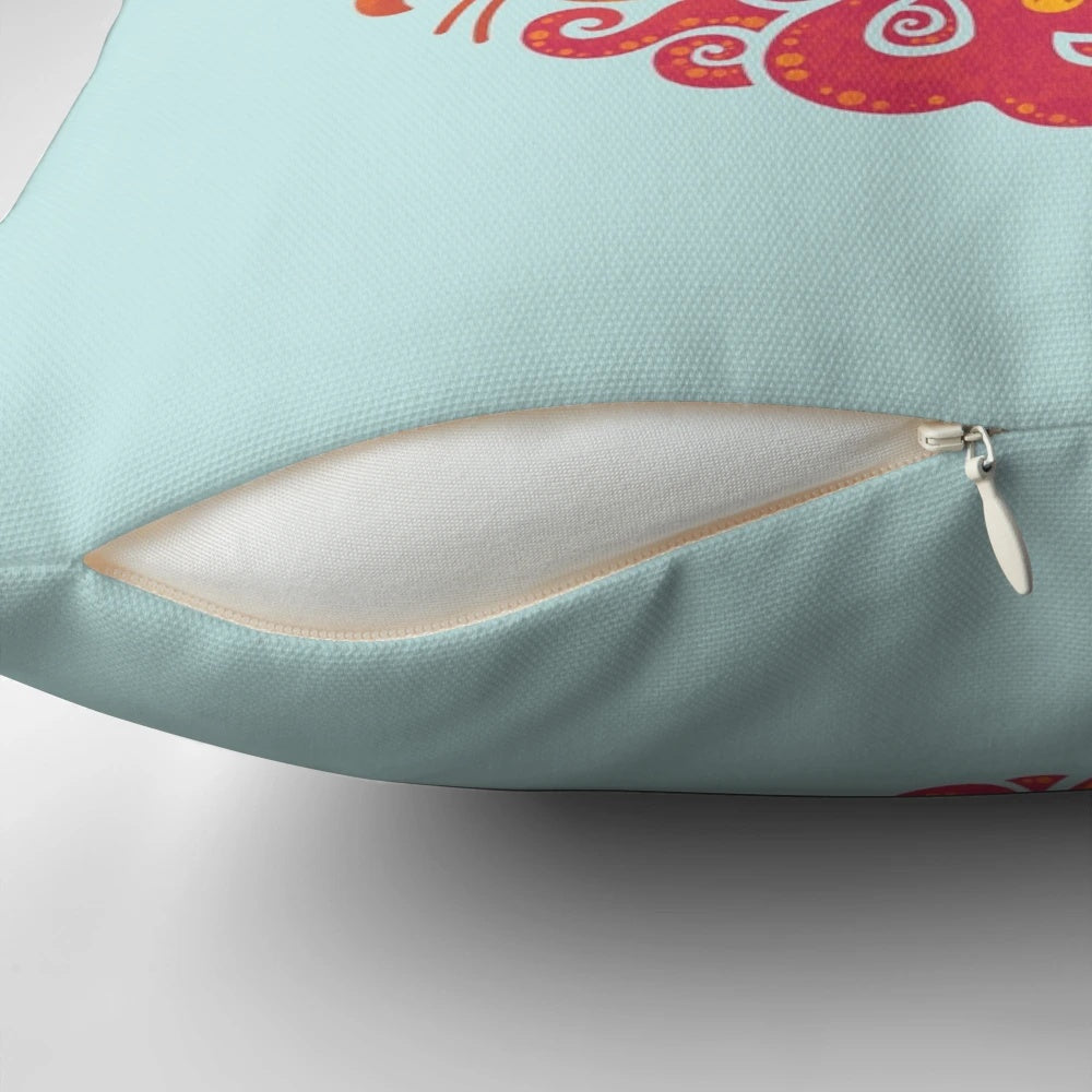 Colorful Aquatic Rainbow Throw Pillow featuring various sea creatures like whales, octopus, and fish