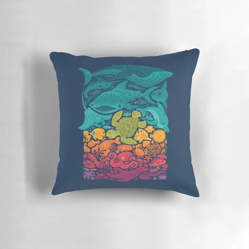 Colorful Pillow Featuring a Whimsical Spectrum of Aquatic Sea Creatures