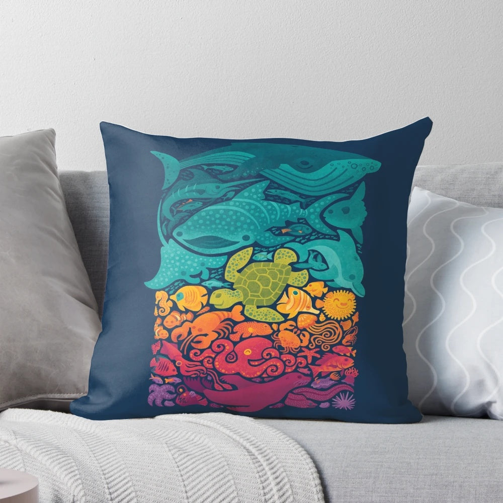 Colorful Pillow Featuring a Whimsical Spectrum of Aquatic Sea Creatures