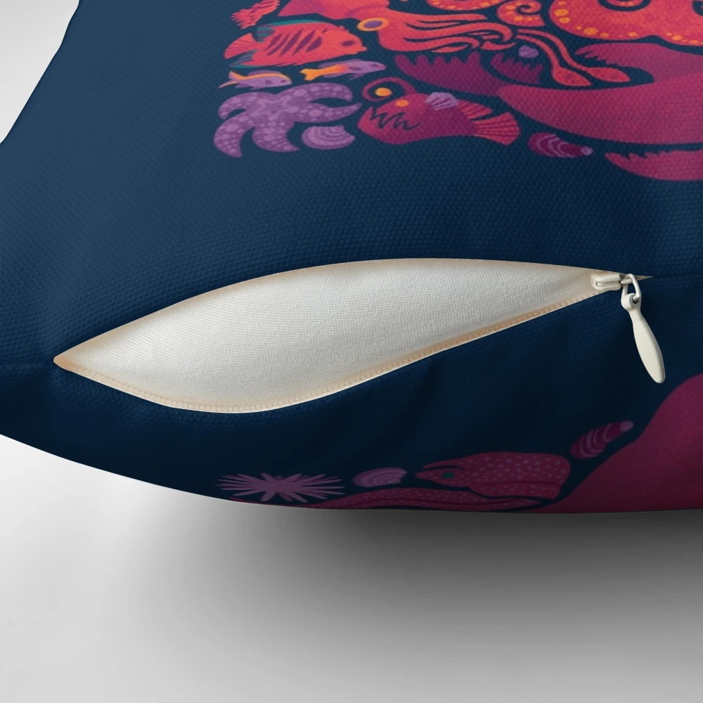 Colorful Pillow Featuring a Whimsical Spectrum of Aquatic Sea Creatures