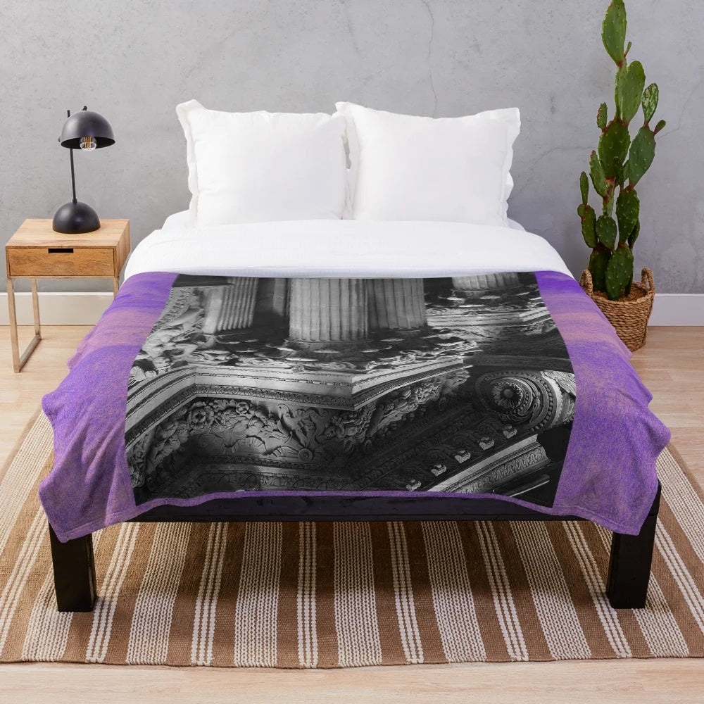 Vibrant and colorful plush blanket with architectural and eccentric design