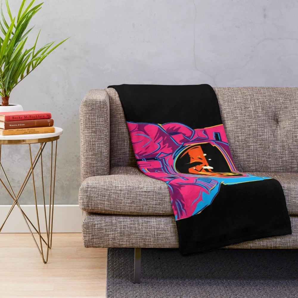 Trippy rainbow astronaut plush blanket with psychedelic and cosmic design