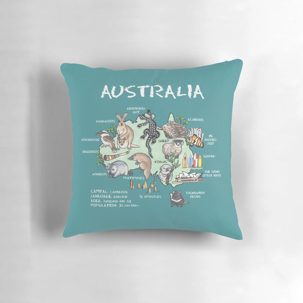 Colorful Australia illustrated map pillow featuring kangaroos, koalas, and other Australian wildlife and landmarks.
