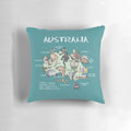 Colorful Australia illustrated map pillow featuring kangaroos, koalas, and other Australian wildlife and landmarks.