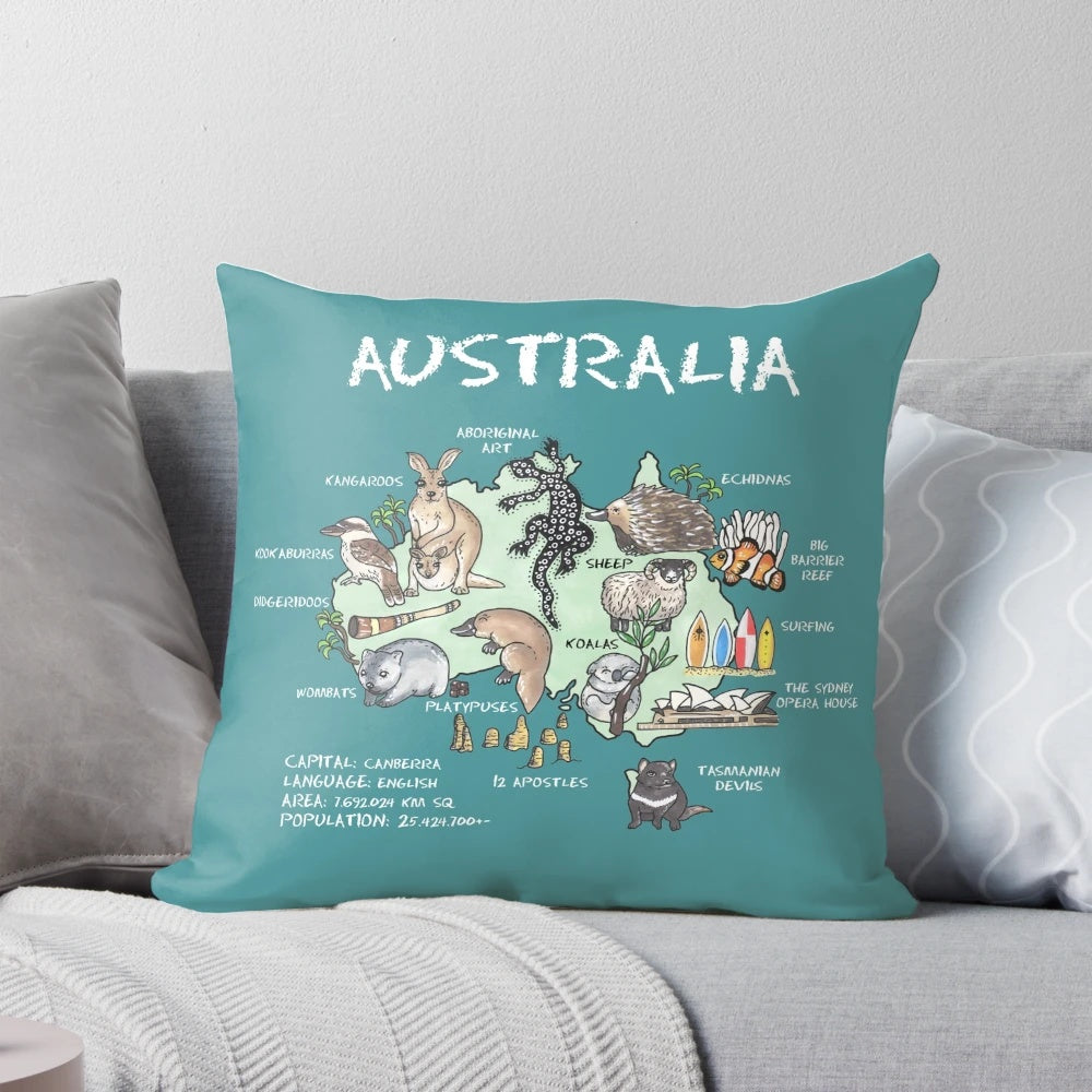 Colorful Australia illustrated map pillow featuring kangaroos, koalas, and other Australian wildlife and landmarks.