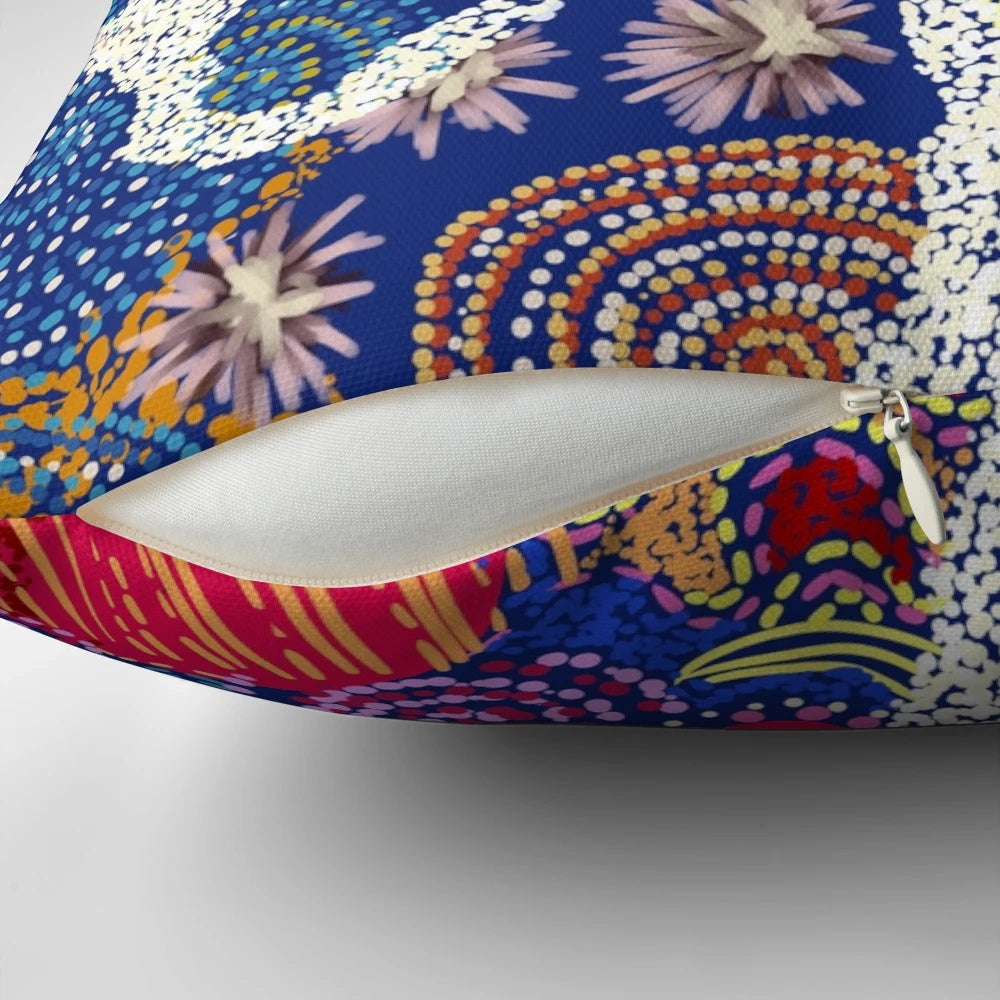 Colorful Australian aboriginal art pillow featuring traditional designs and a quokka, a beloved native Australian marsupial.