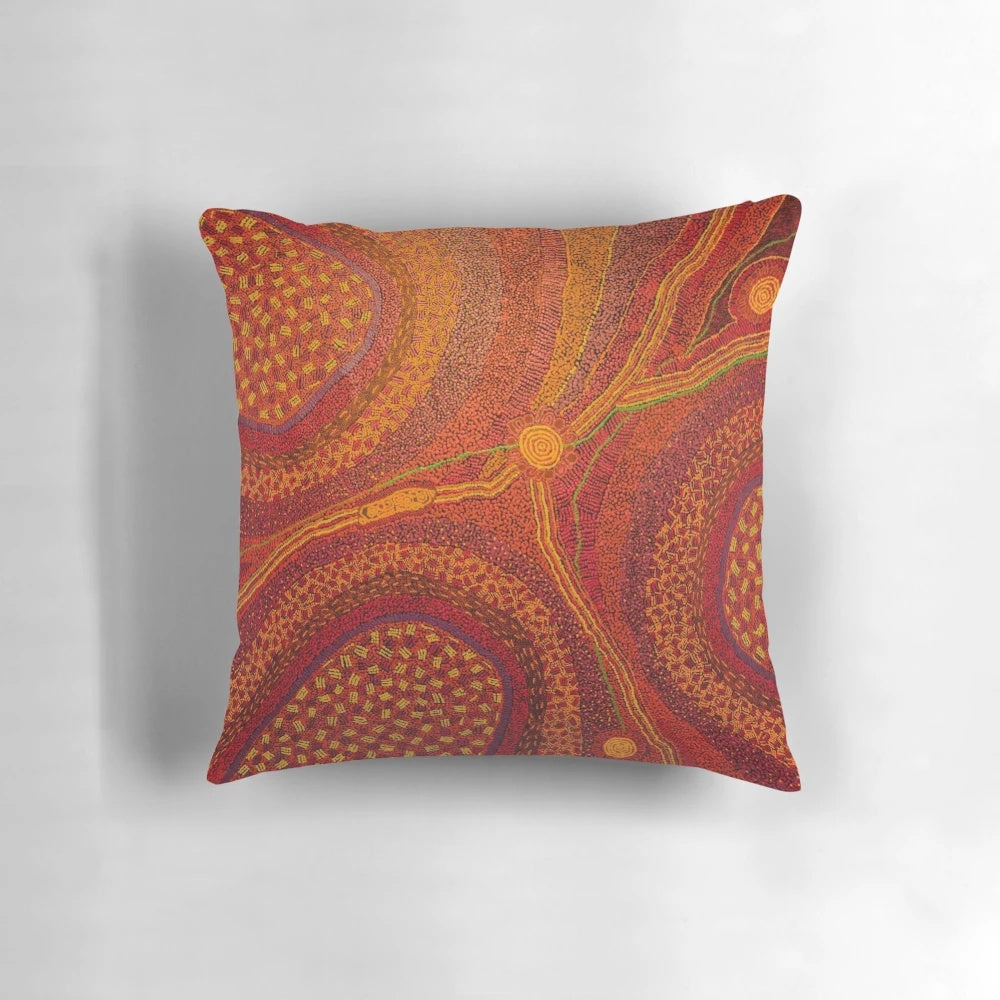 Colorful abstract pattern pillow cover featuring Australian aboriginal-inspired dot painting design