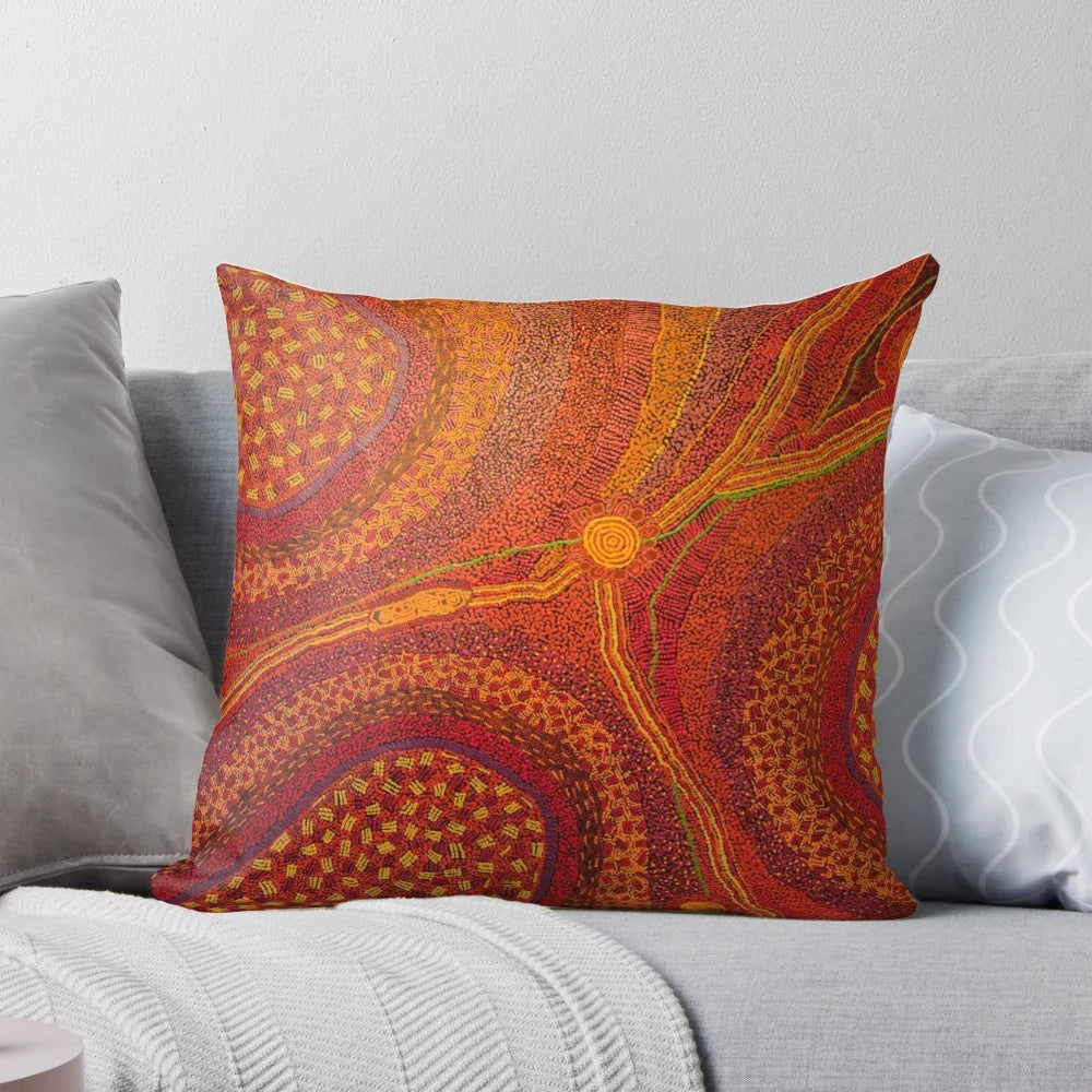 Colorful abstract pattern pillow cover featuring Australian aboriginal-inspired dot painting design