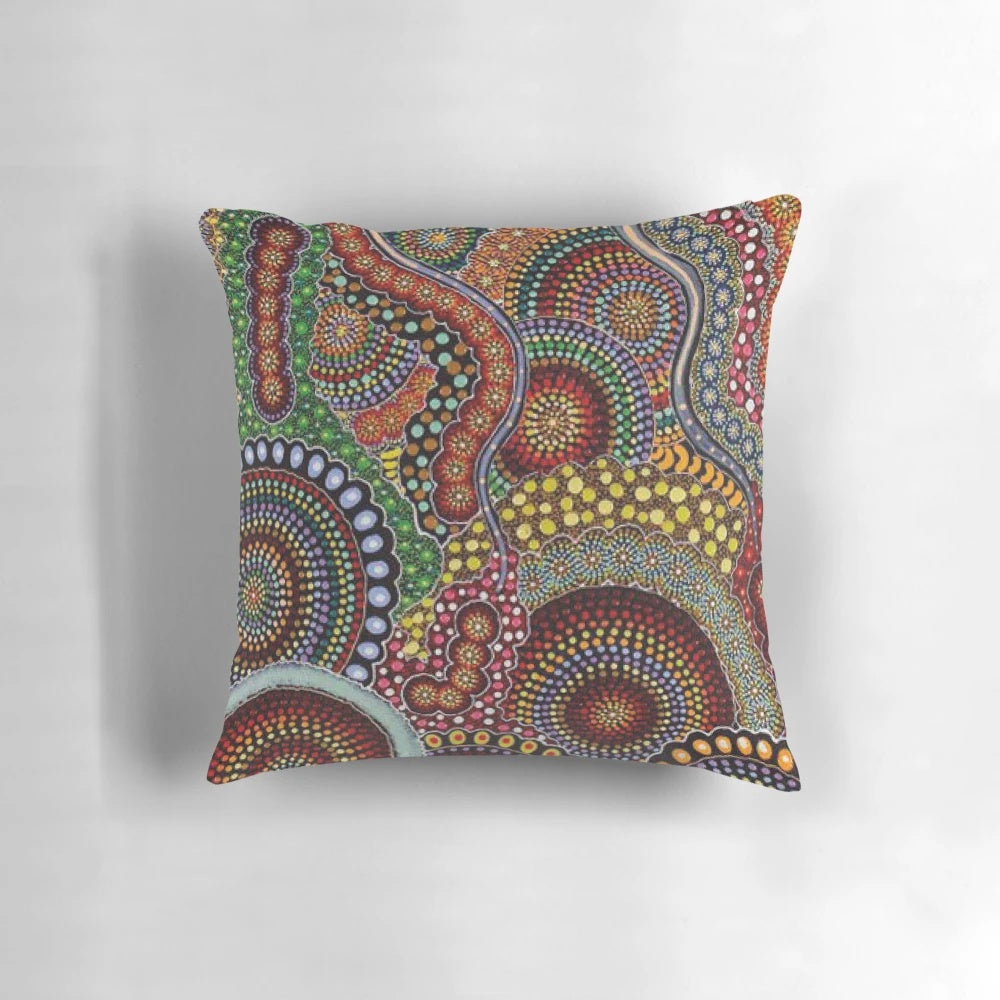 Colorful Australian aboriginal art-inspired decorative pillow