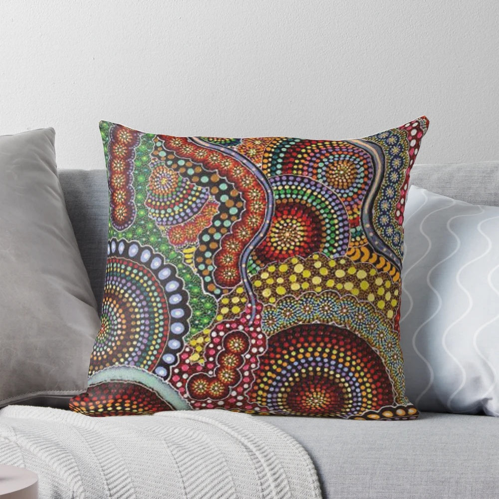 Colorful Australian aboriginal art-inspired decorative pillow