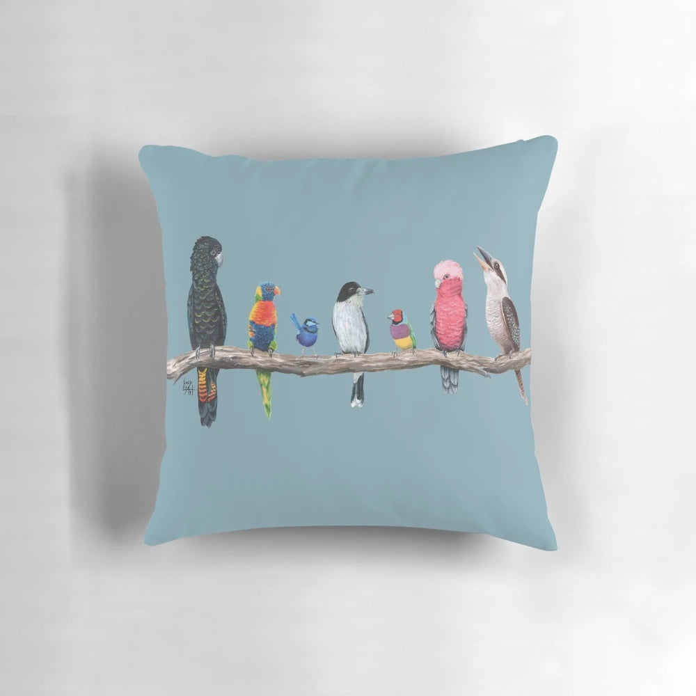 Colorful pillow featuring a variety of Australian birds, including a cockatoo, parrot, rainbow lorikeet, and fairy wren.