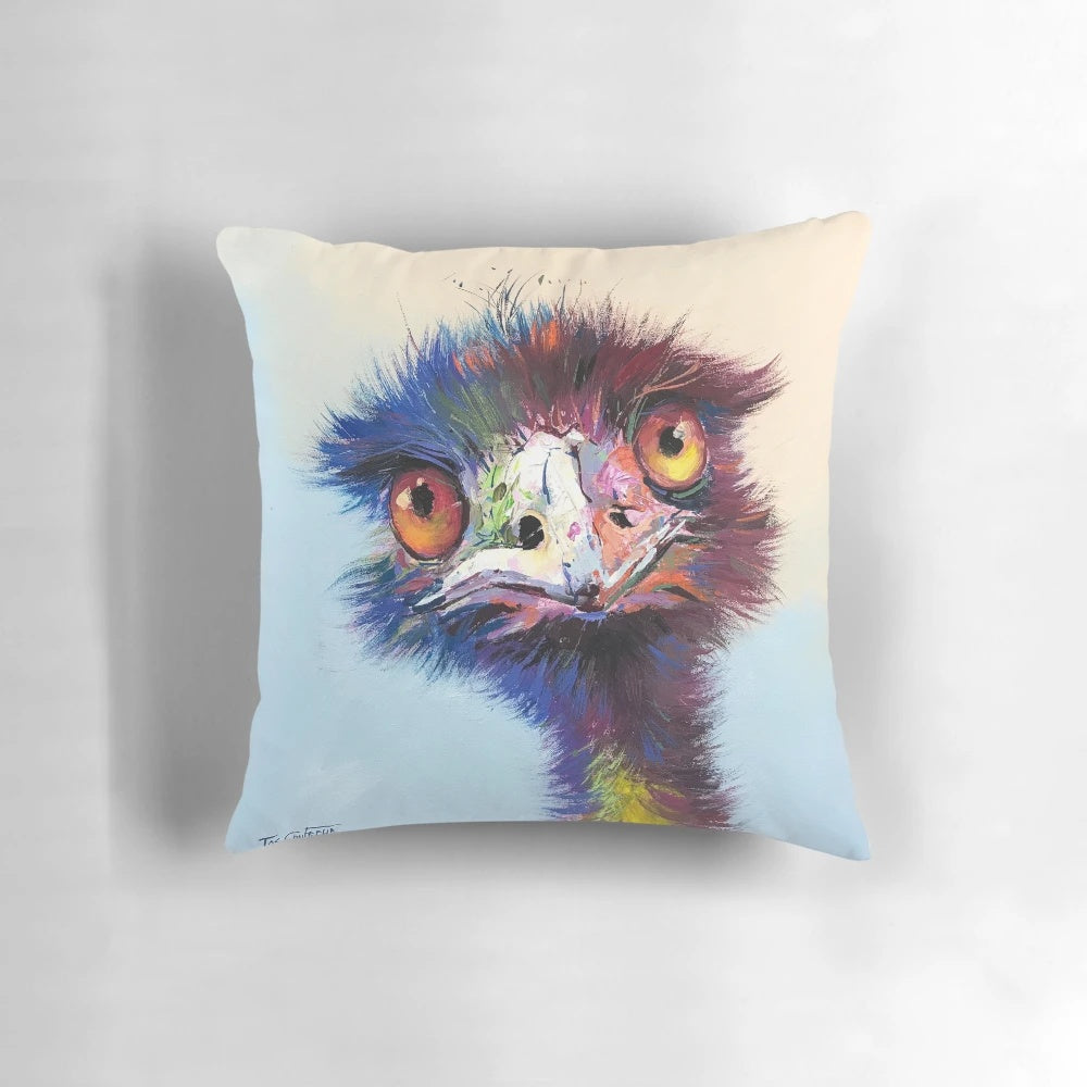 Colorful and vibrant illustration of an Australian emu on a 74-inch pillow