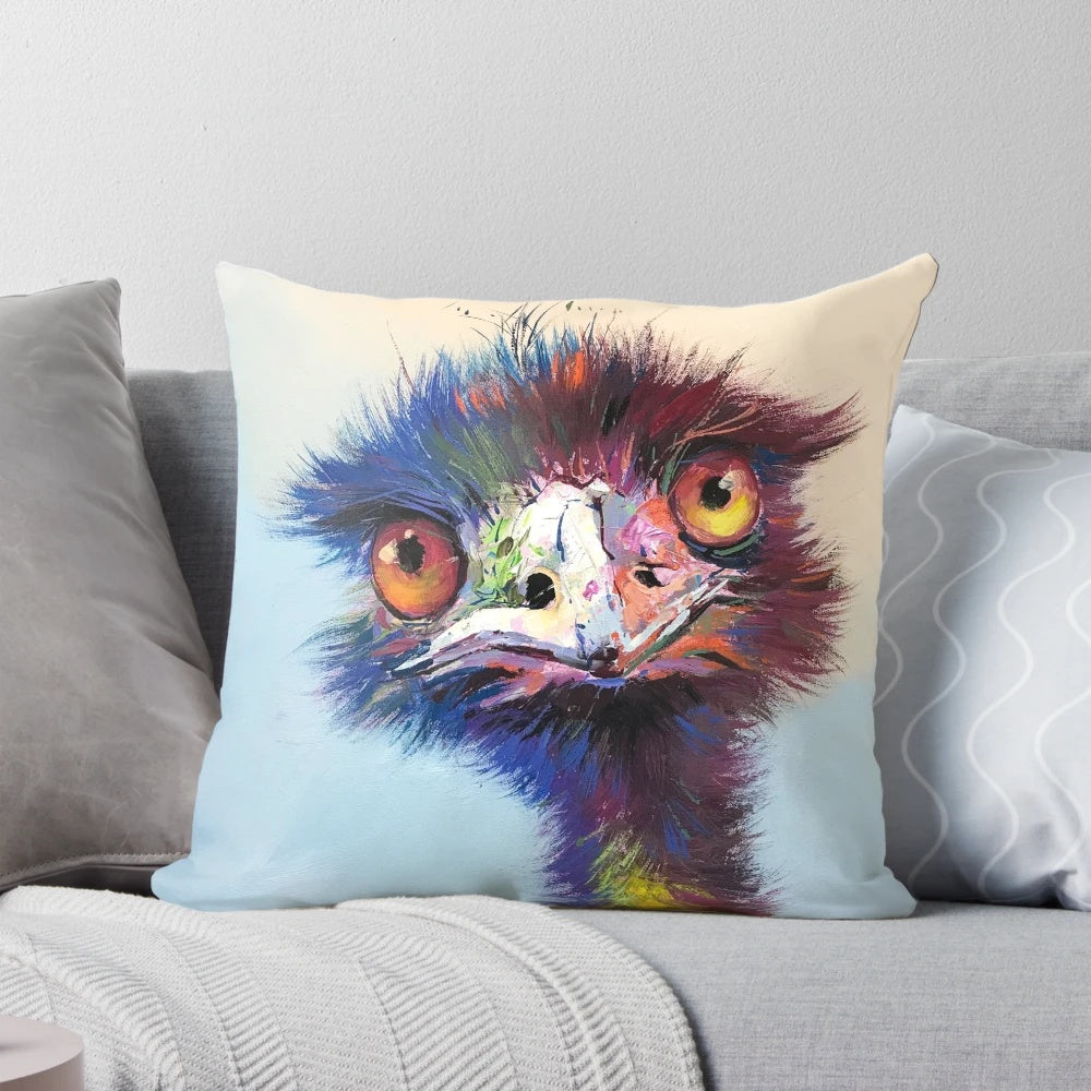 Colorful and vibrant illustration of an Australian emu on a 74-inch pillow