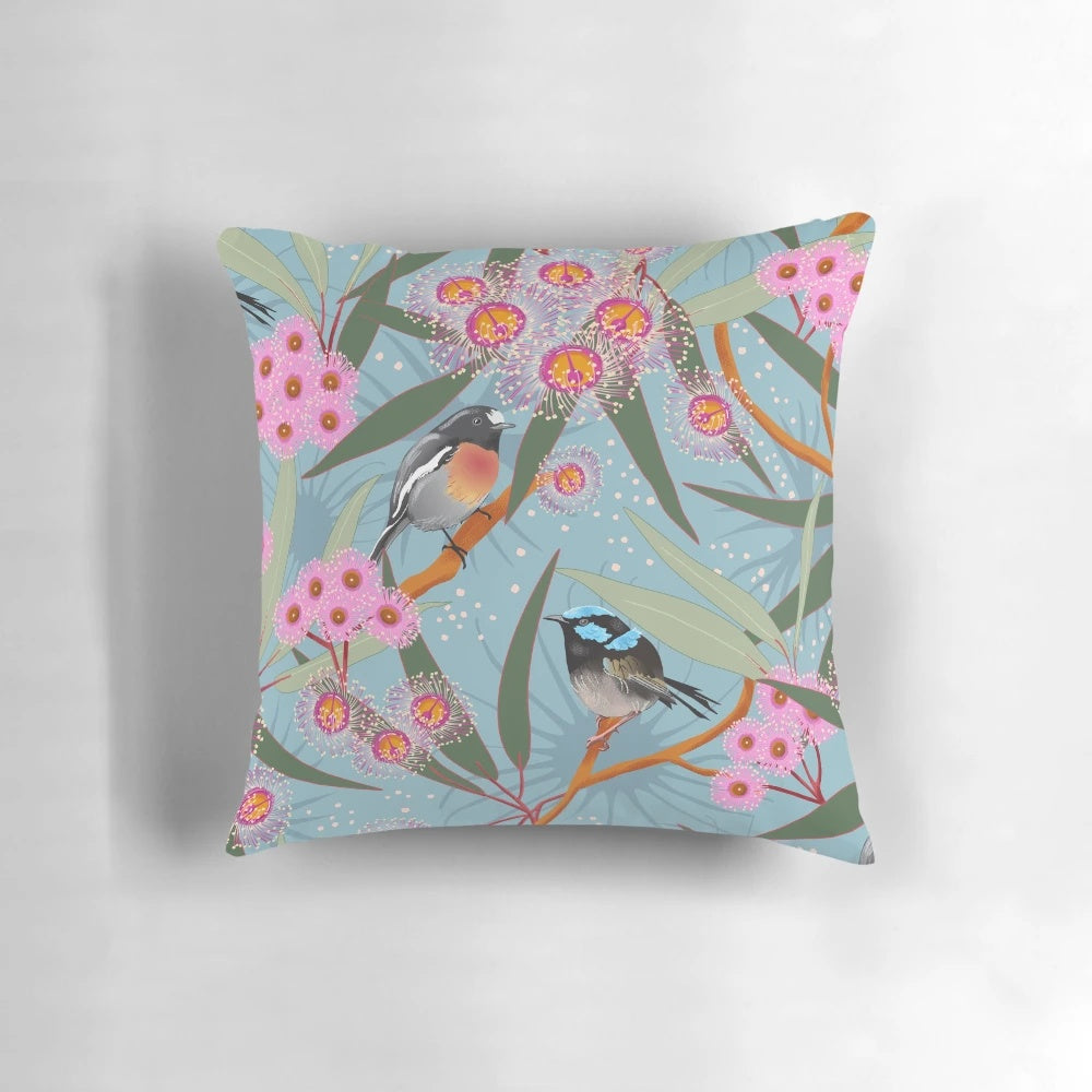 Pillow with a beautiful design featuring Australian eucalyptus flowers, a fairy wren, and a scarlet robin.