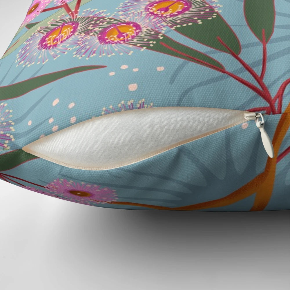 Pillow with a beautiful design featuring Australian eucalyptus flowers, a fairy wren, and a scarlet robin.