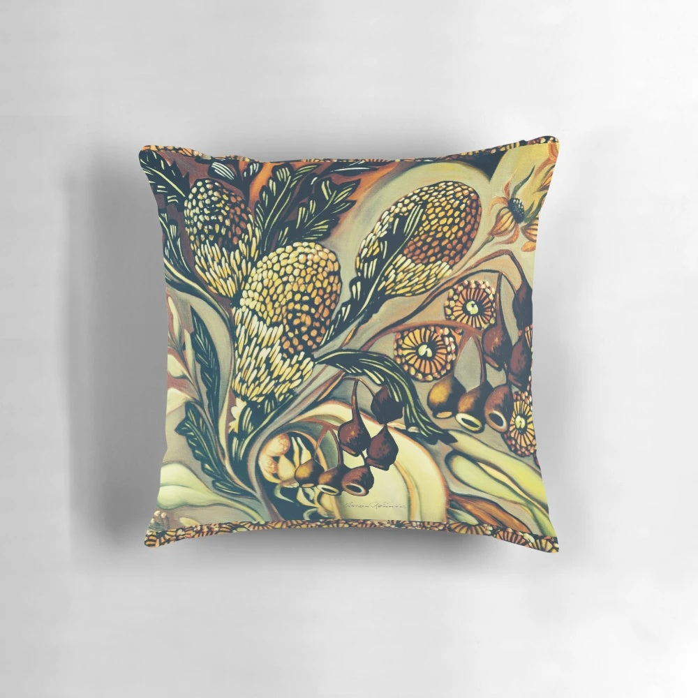 Pillow featuring a colorful design of native Australian plants and flowers