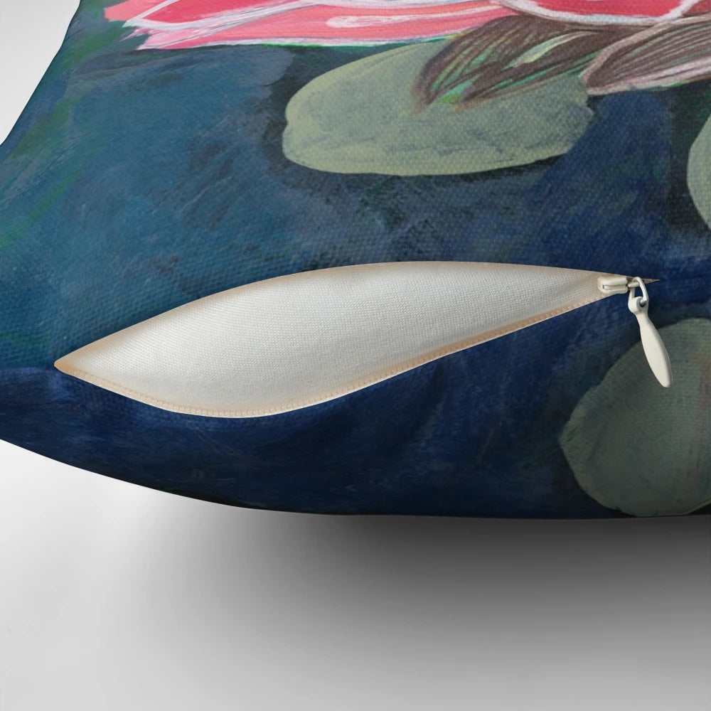 Pink and blue floral patterned decorative pillow featuring native Australian flowers