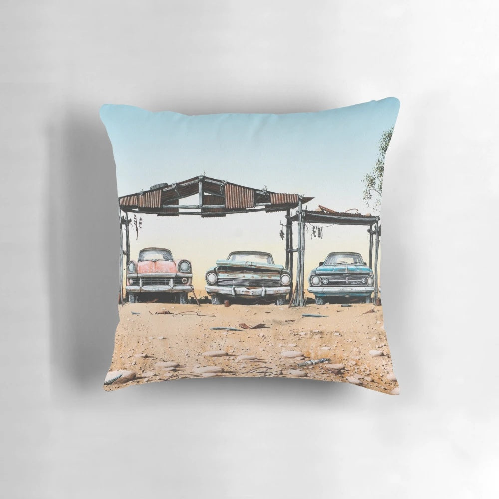 Colorful and whimsical pillow depicting a vintage Holden car in the Australian outback