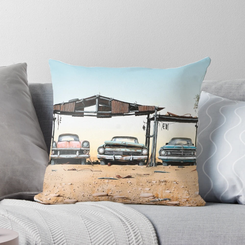 Colorful and whimsical pillow depicting a vintage Holden car in the Australian outback