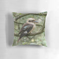 Colorful photograph of a laughing kookaburra, an iconic Australian bird species, featured on a decorative throw pillow.