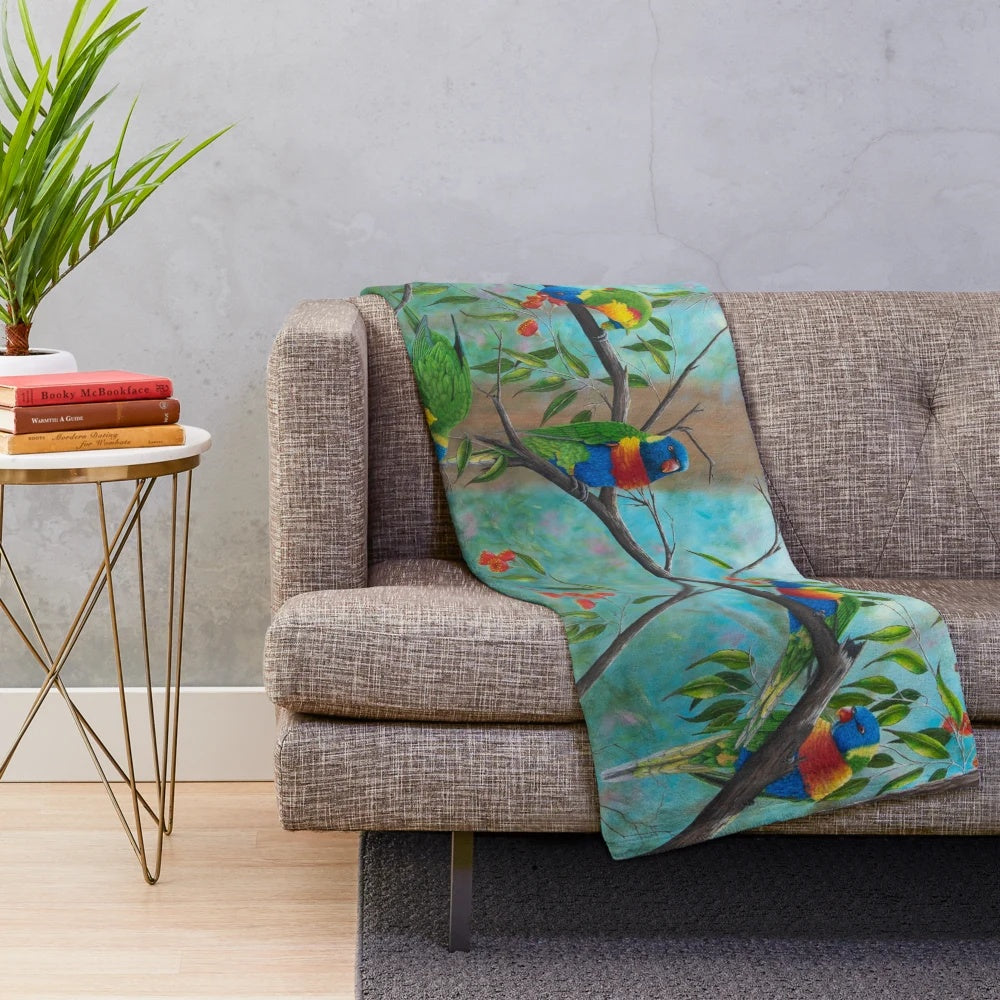 Plush blanket featuring a vibrant painting of Australian native birds in the Dandenong Ranges