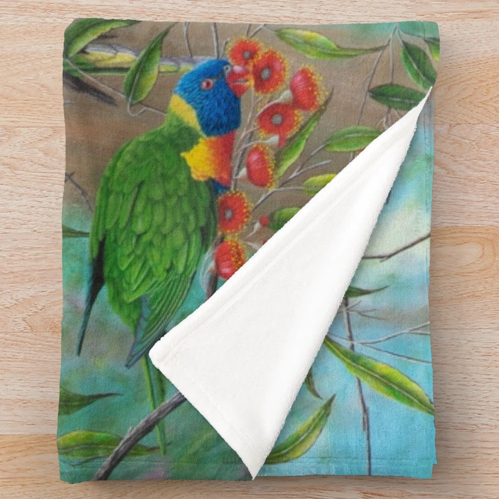 Plush blanket featuring a vibrant painting of Australian native birds in the Dandenong Ranges
