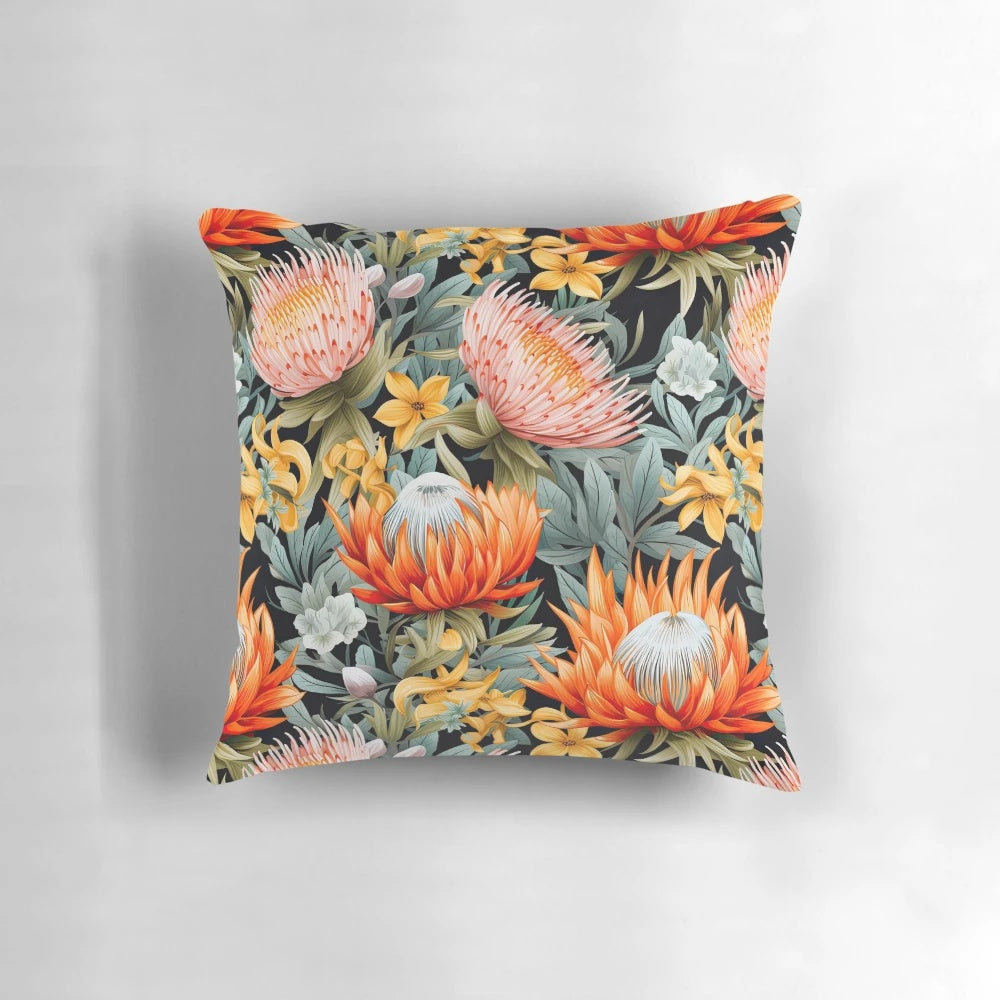 Colorful Australian native flowers in a garden design on a decorative throw pillow